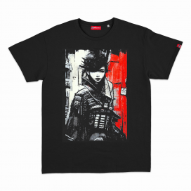Unisex Short Sleeves T-Shirt MOLECULE® 1100 Cyber Samurai Front Print Cotton 150 Gsm Regular Fit Black