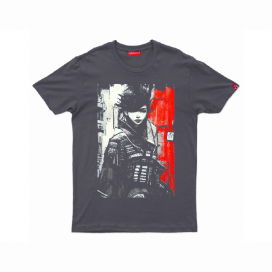 Unisex Short Sleeves T-Shirt MOLECULE® 1100 Cyber Samurai Front Print Cotton 150 Gsm Regular Fit Dark Grey
