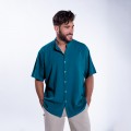 Shirt JOIN CLOTHES MAO Collar Cotton Gauze Short Sleeves Regular Fit Petrol