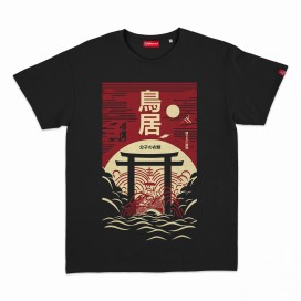 Unisex Short Sleeves T-Shirt MOLECULE® 1100 Torii Gate II Print Cotton 150 Gsm Regular Fit Black