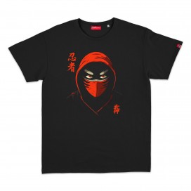 Unisex Short Sleeves T-Shirt MOLECULE® 1100 Ninja Red Mask Print Cotton 150 Gsm Regular Fit Black