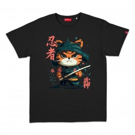 Unisex Short Sleeves T-Shirt MOLECULE® 1100 Ninja Cat Print Cotton 150 Gsm Regular Fit Black