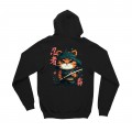 Pullover Hoodie MOLECULE® 00043 Fluffy Ninja Cat Print Cotton Blend 320 Gsm Regular Fit Black