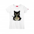 Women Short Sleeve T-Shirt MOLECULE® 1110 RAMEN CAT Cotton 150 Gsm Regular Fit White