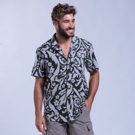Shirt Flower Print Short Sleeves Cotton Regular Fit Light Grey/Black