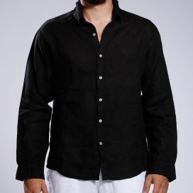 Men Shirt JOIN CLOTHES Collar Long Sleeves Linen Seamed Regular Fit Black