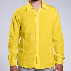 Men Shirt JOIN CLOTHES Collar Long Sleeves Linen Seamed Regular Fit Yellow