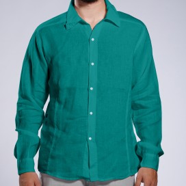 Men Shirt JOIN CLOTHES Collar Long Sleeves Linen Seamed Regular Fit Emerald