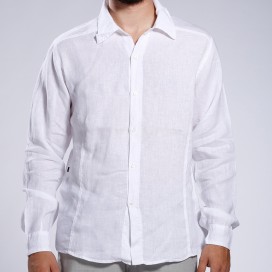 Men Shirt JOIN CLOTHES Collar Long Sleeves Linen Seamed Regular Fit White