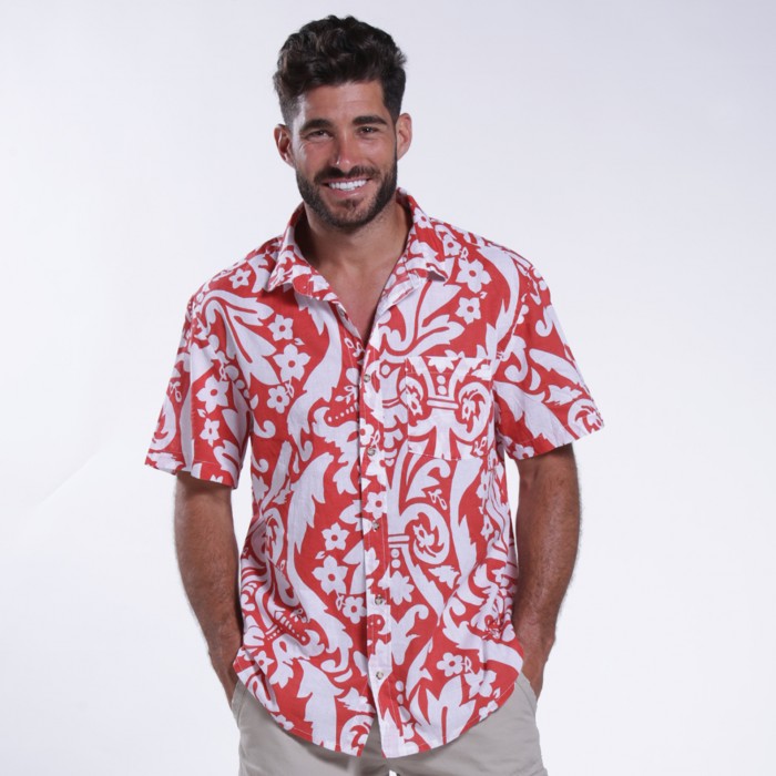 Shirt Flower Print Short Sleeves Cotton Regular Fit White/Red